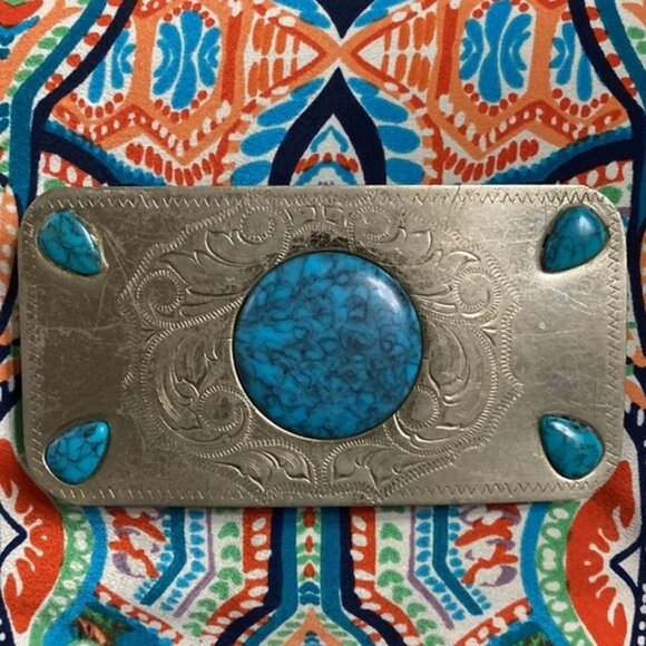 Vintage Nickel Silver And Turquoise Large Belt Buckle main image 7
